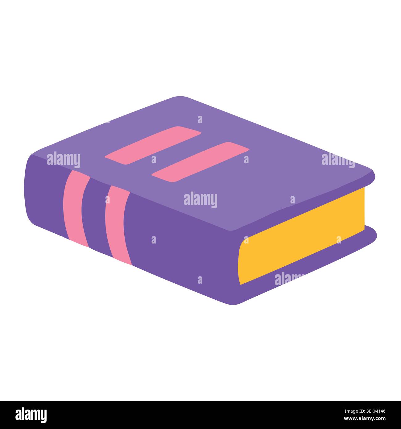 Vivace libro viola con accenti rosa e pagine gialle in moderno stile isometrico piatto. Ideale per materiali didattici, editoria, media digitali e. Illustrazione Vettoriale