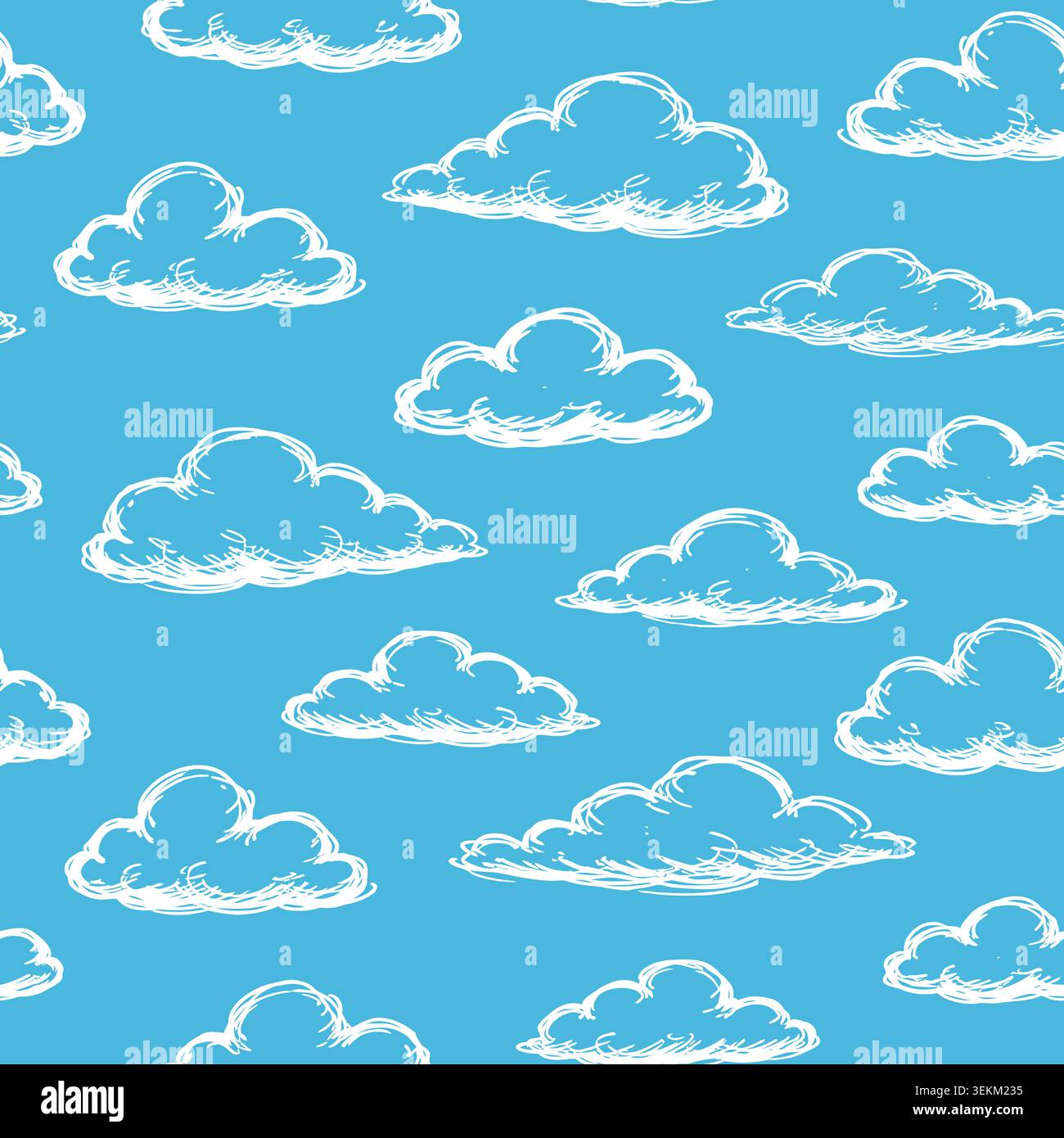 Illustrazione disegnata a mano di nuvole bianche su sfondo blu. Motivo a ripetizione senza cuciture adatto per stampa tessile, design in tessuto, avvolgimento Illustrazione Vettoriale