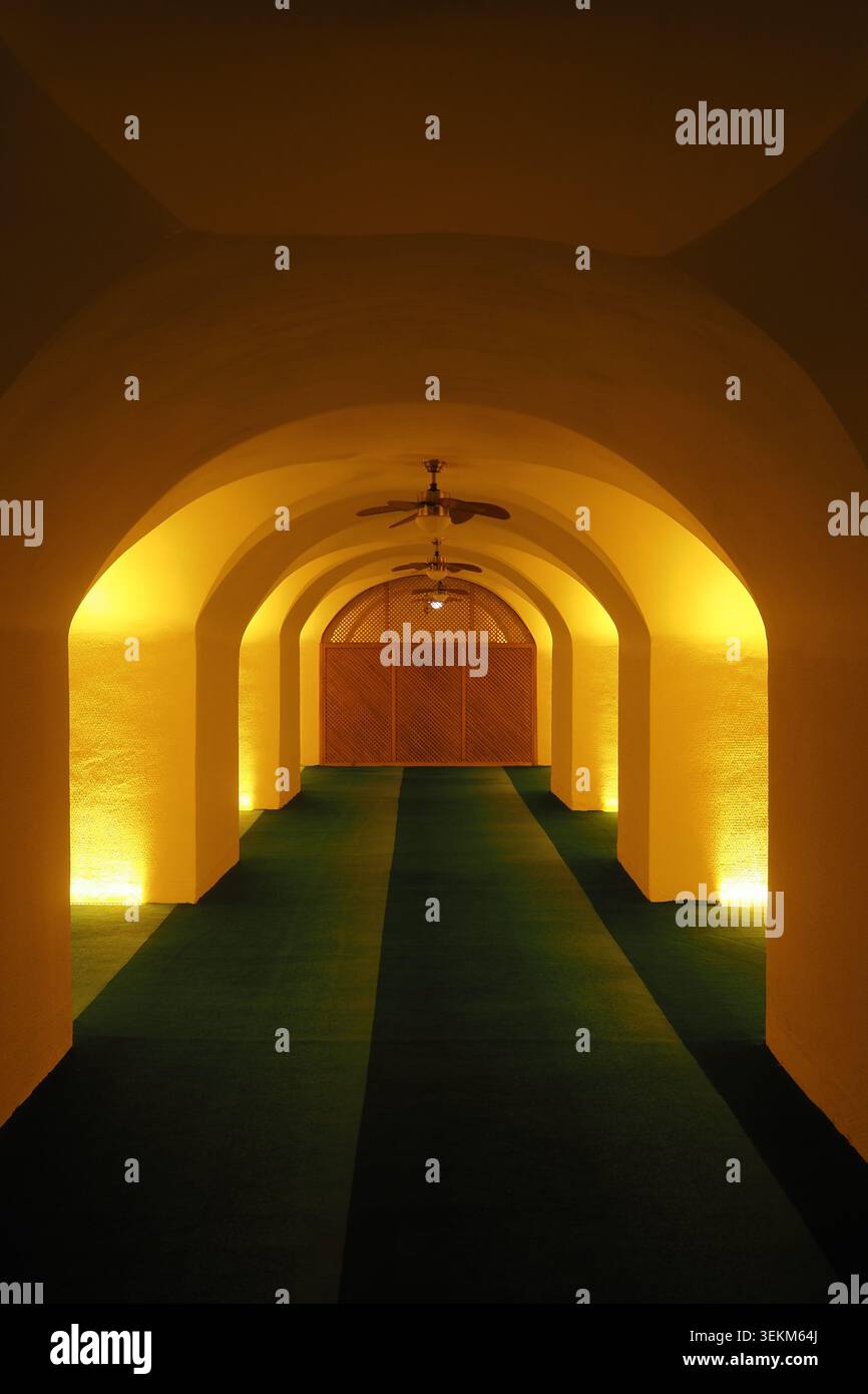Corridoio illuminato con archi e tappeto verde di notte Foto Stock