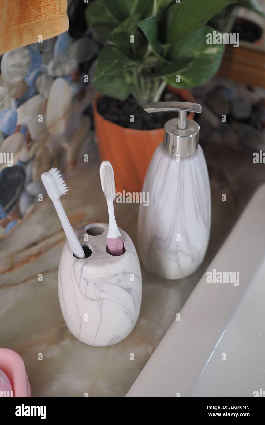 Ripiano del bagno con porta spazzolino e dispenser per sapone Foto Stock