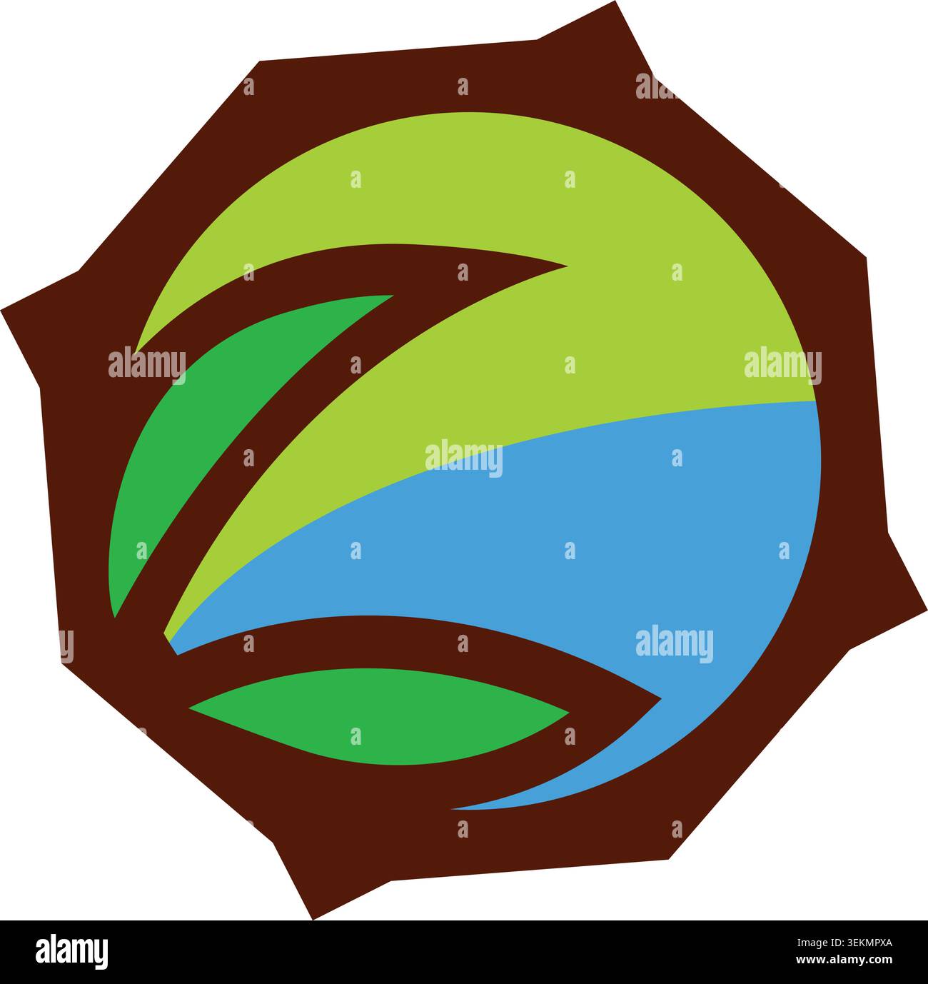 Un moderno emblema astratto della natura caratterizzato da foglie verdi stilizzate, elementi d'acqua blu e curve organiche racchiuse in una forma geometrica Illustrazione Vettoriale