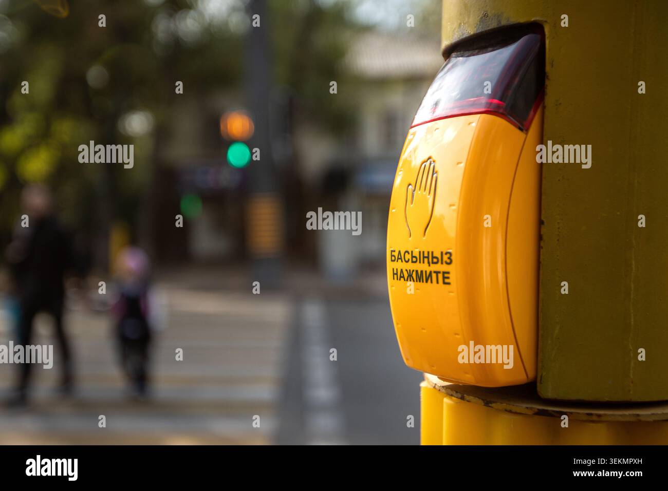 Pulsante di attraversamento pedoni con icona mano Foto Stock