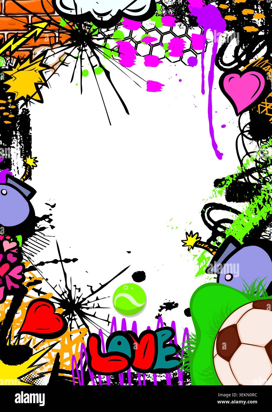 Grunge modelli di cornici dai colori vivaci con scarabocchi, vernice spray e gocce d'inchiostro. sfondi d'arte graffiti con elementi astratti di street art Illustrazione Vettoriale