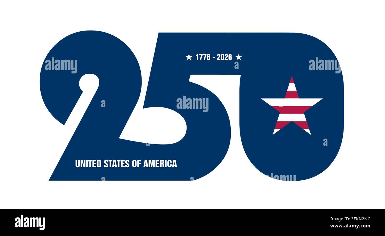 Logo blu moderno minimalista USA 250° anniversario isolato su sfondo bianco, stemma o illus flatlay icona degli stati uniti d'America 250 anni Foto Stock
