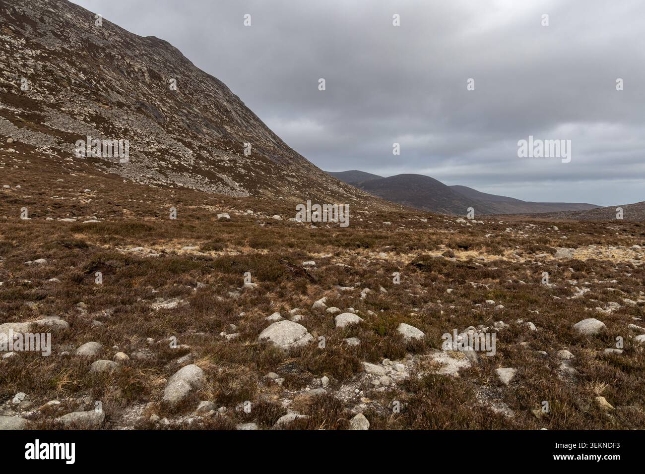 Paesaggio montano panoramico nei Monti Mourne, parco montano della Silent Valley sotto un cielo nuvoloso Foto Stock
