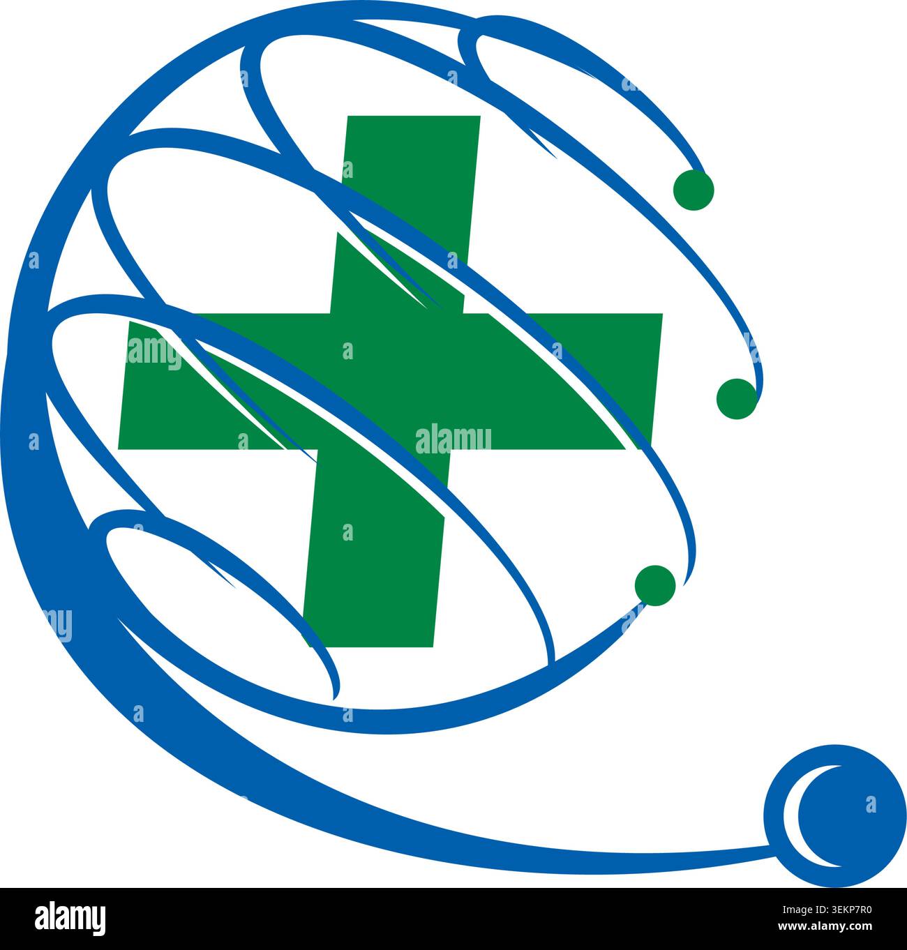 Logo sanitario professionale con una croce medica, elementi di rete globali e stetoscopio che simboleggiano i servizi medici moderni. Illustrazione Vettoriale