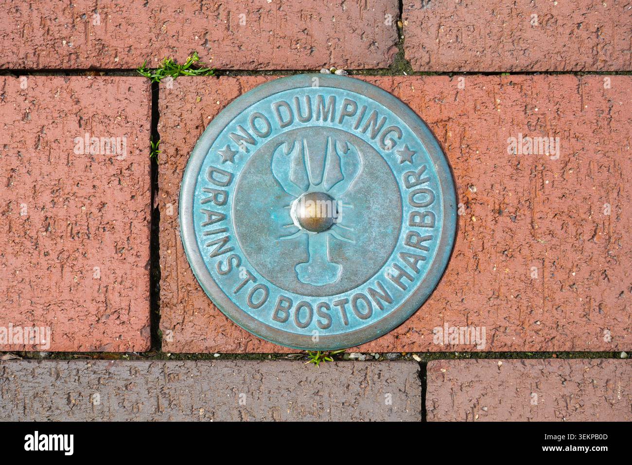 L'ottone rotondo senza scarico drena la targa del porto di Boston sul marciapiede in mattoni a Boston, Massachusetts Foto Stock