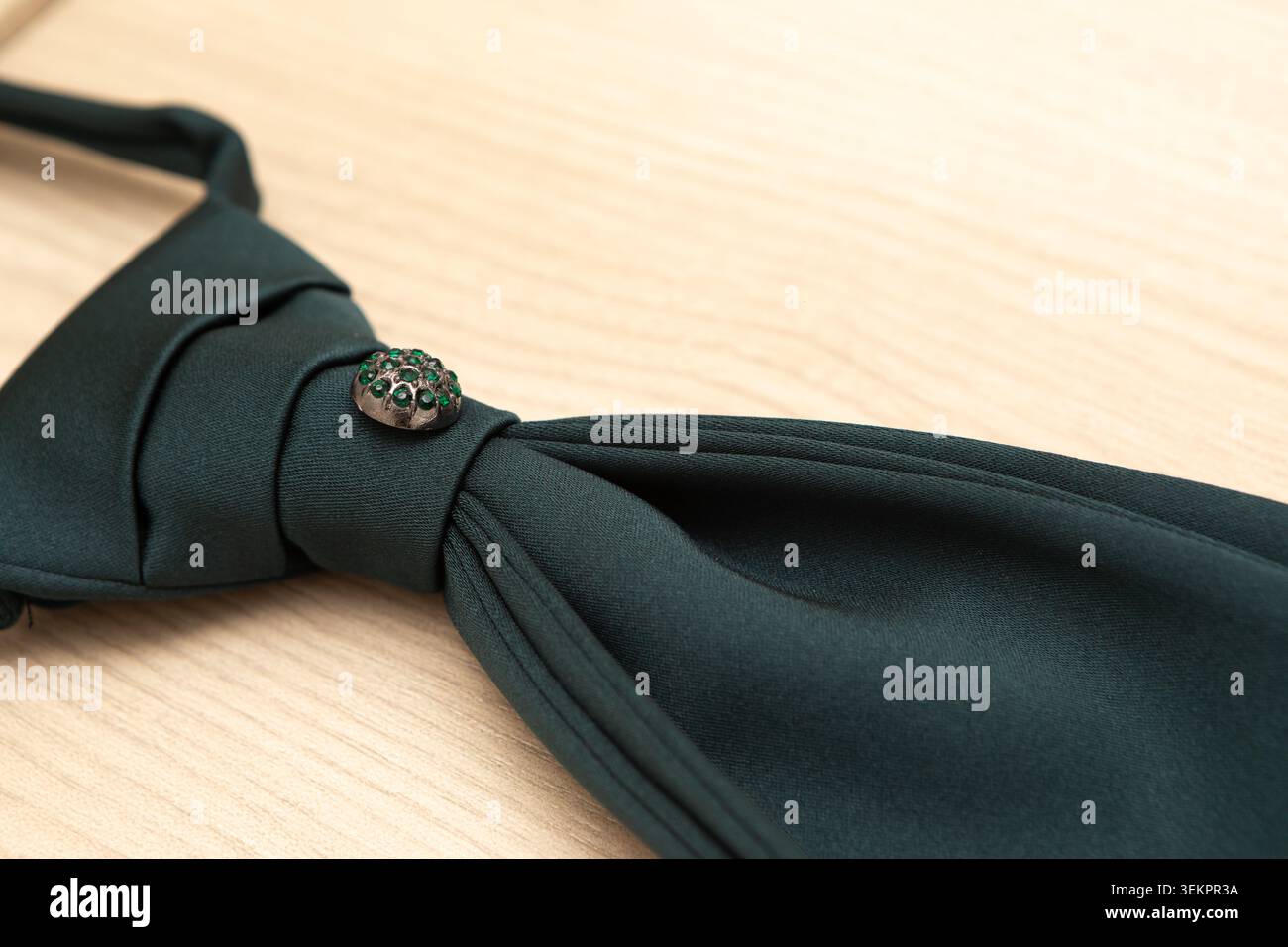 Elegante cravatta da uomo verde scuro impreziosita da una spilla decorativa color smeraldo e argento Foto Stock