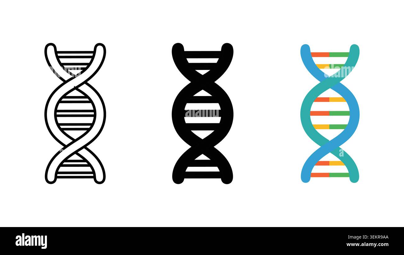 Il set di icone a doppia elica DNA delinea la silhouette e il vettore di colore isolato su sfondo bianco Illustrazione Vettoriale