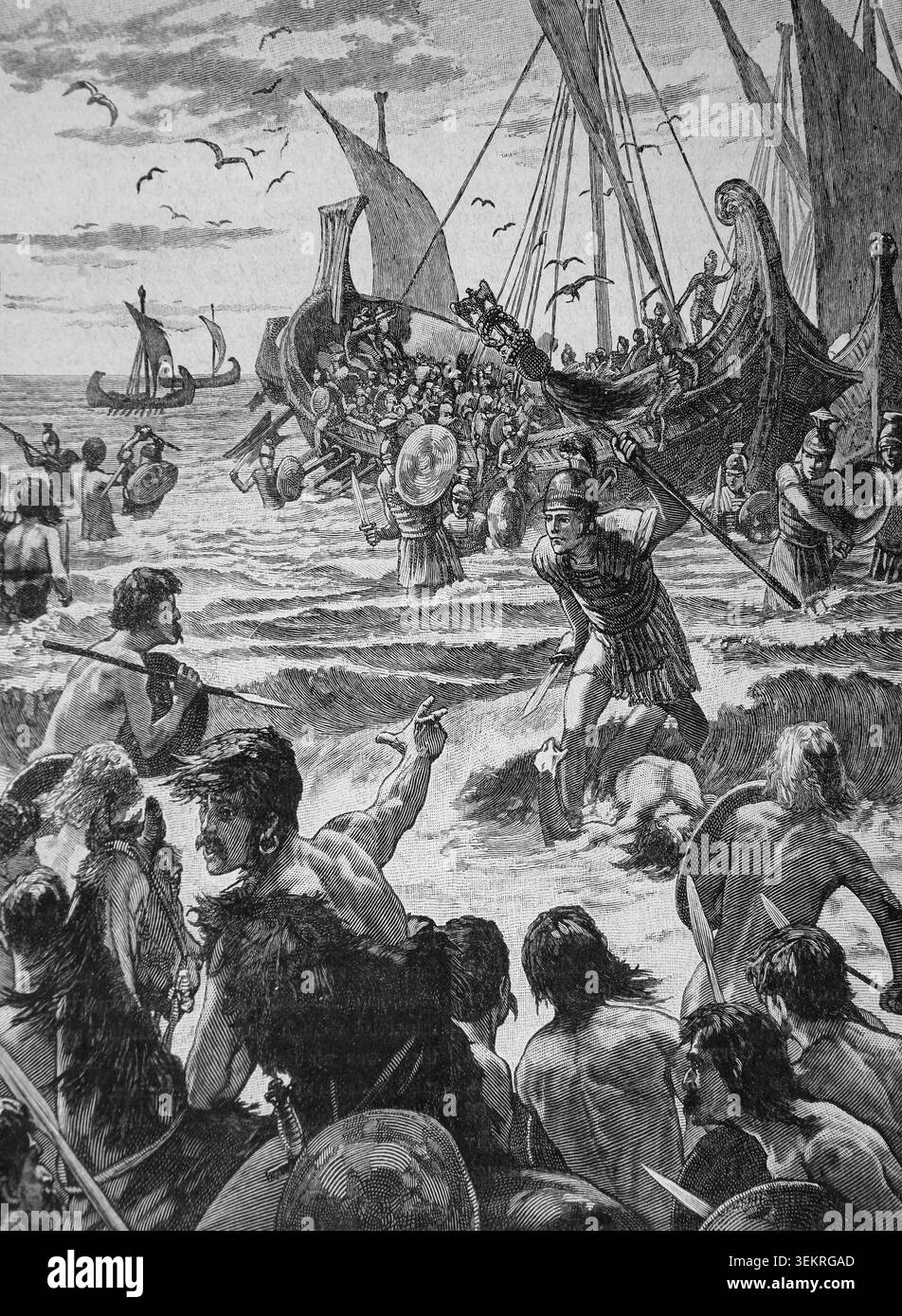 Incisione del primo sbarco dei Romani sulla costa di Deal Kent Inghilterra nel 55 a.C. da un libro di storia del XIX secolo, la storia dell'Inghilterra Di Cassell Foto Stock