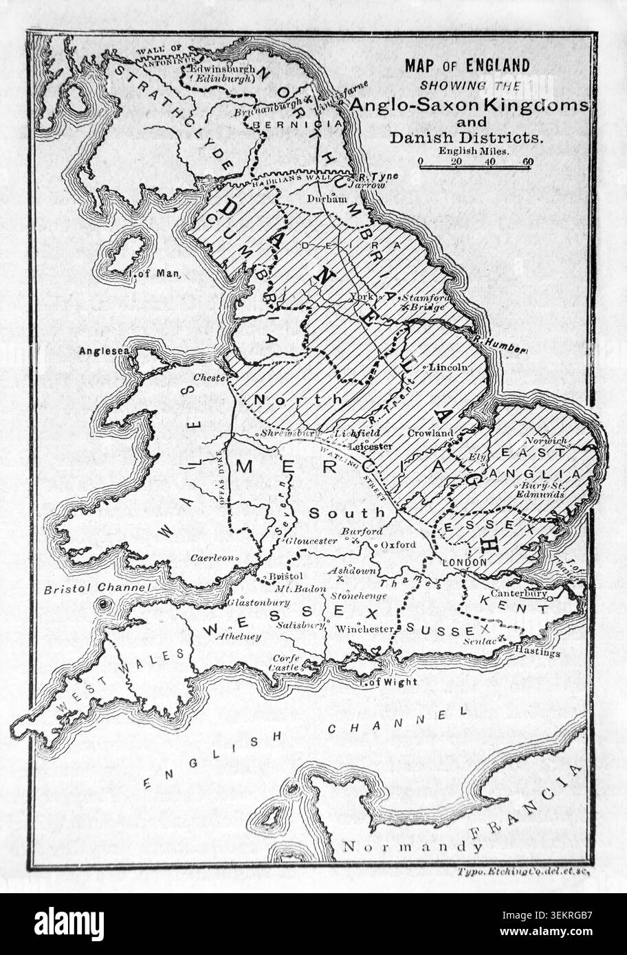 Mappa dell'Inghilterra che mostra i regni anglosassoni e i distretti danesi nel IX secolo da un libro di storia del XIX secolo Cassell's History of England Foto Stock