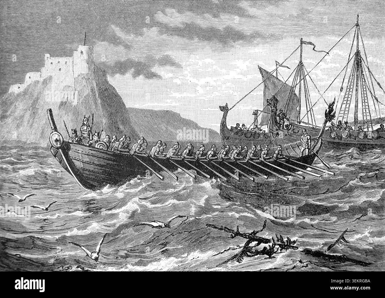 Incisione di Una nave danese durante l'invasione dell'Inghilterra anglosassone nel IX secolo da un libro di storia del XIX secolo Cassell's History of Englan Foto Stock