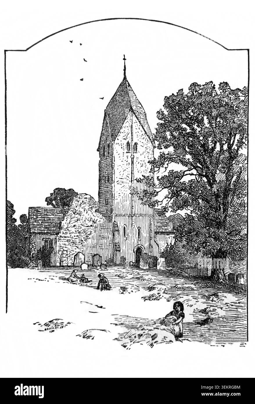 Incisione della torre sassone con l'elmo renano della chiesa di Sompting West Sussex Inghilterra da un libro di storia del XIX secolo Cassell's History of England SP Foto Stock