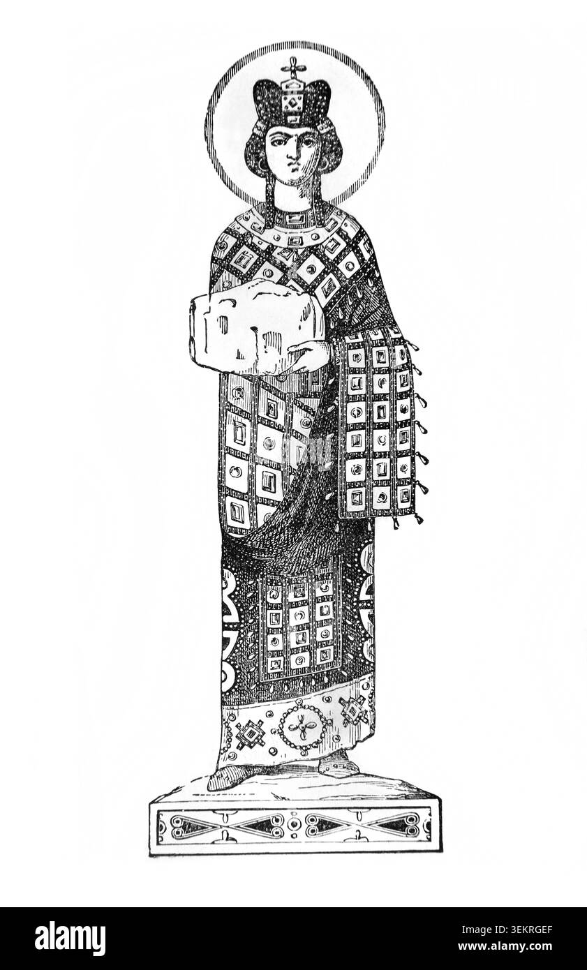 Incisione del costume dell'imperatrice di Costantinopoli da un manoscritto greco di un libro di storia del XIX secolo Cassell's History of England Specia Foto Stock