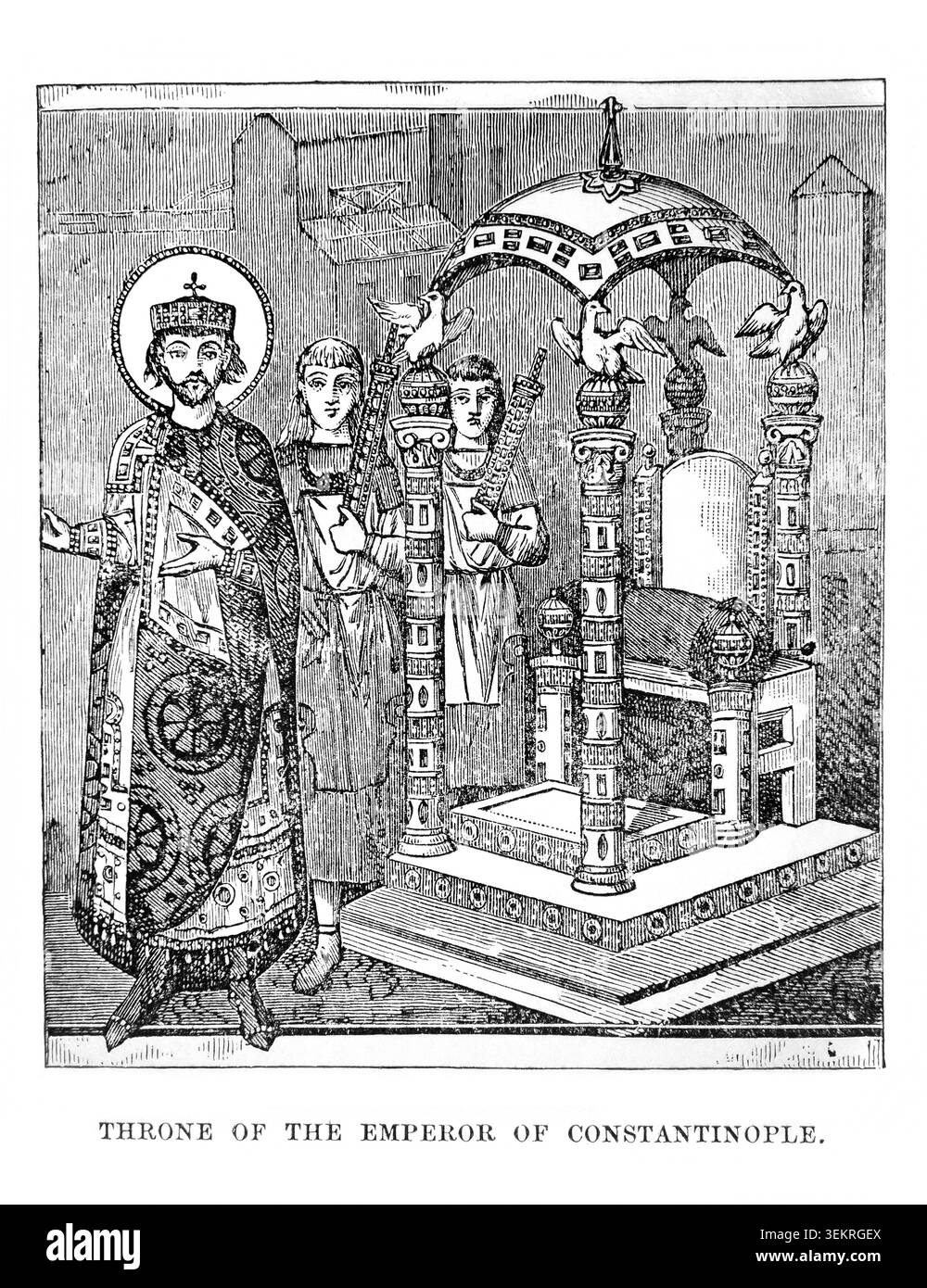 Incisione del Trono dell'Imperatore di Costantinopoli da un manoscritto greco del IX secolo da un libro di storia del XIX secolo Cassell's History of Eng Foto Stock