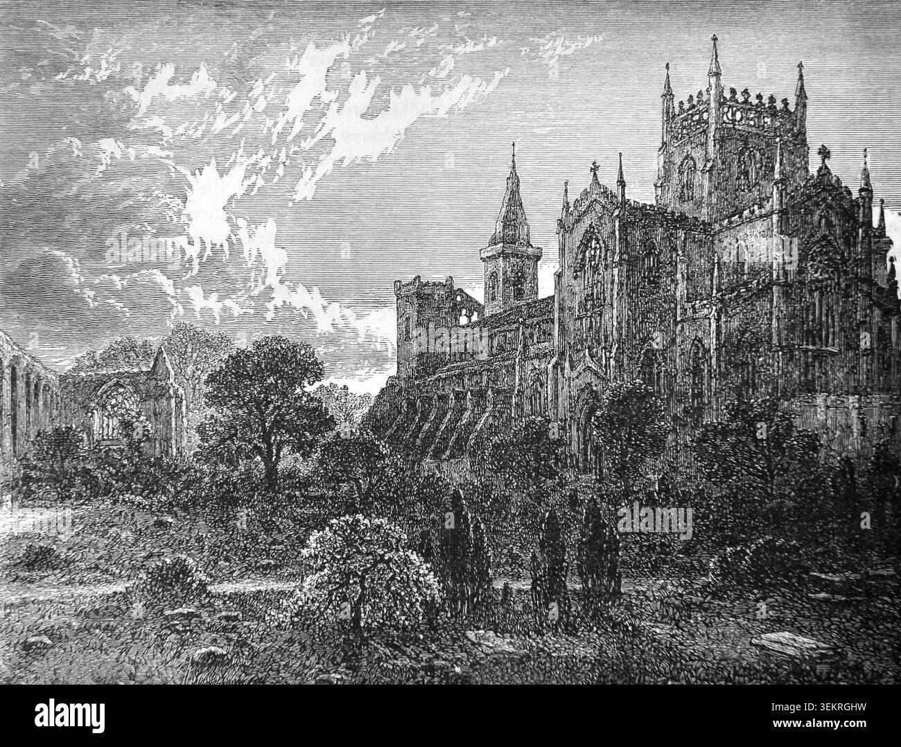 Incisione di Dunfermline Abbey e Church Fife Scotland da un libro di storia del XIX secolo Cassell's History of England Special Edition volume i di A.W. Foto Stock