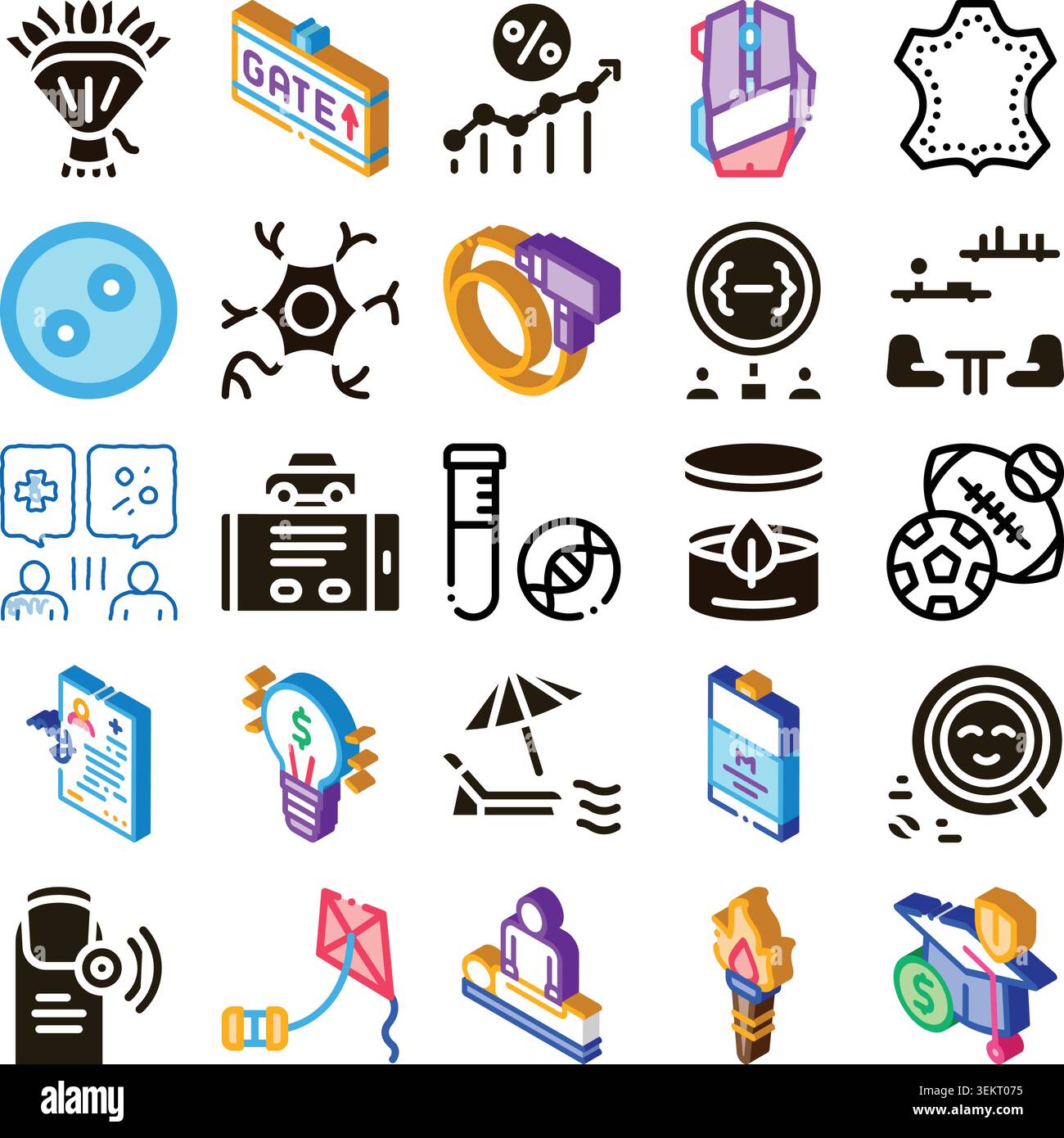 Icone isometriche diverse che illustrano vari settori e hobby Illustrazione Vettoriale