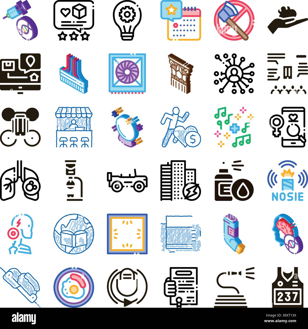 Collezione di icone colorate in stile doodle che illustrano i concetti Illustrazione Vettoriale