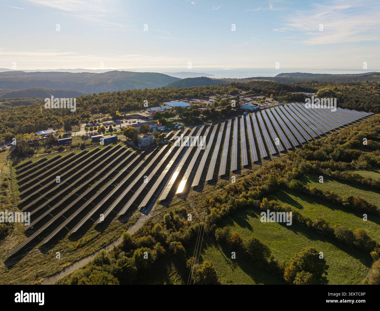 L'impianto solare funziona con pannelli fotovoltaici che riflettono la luce solare per la produzione di energia pulita in un'area aperta circondata da alberi. Foto Stock