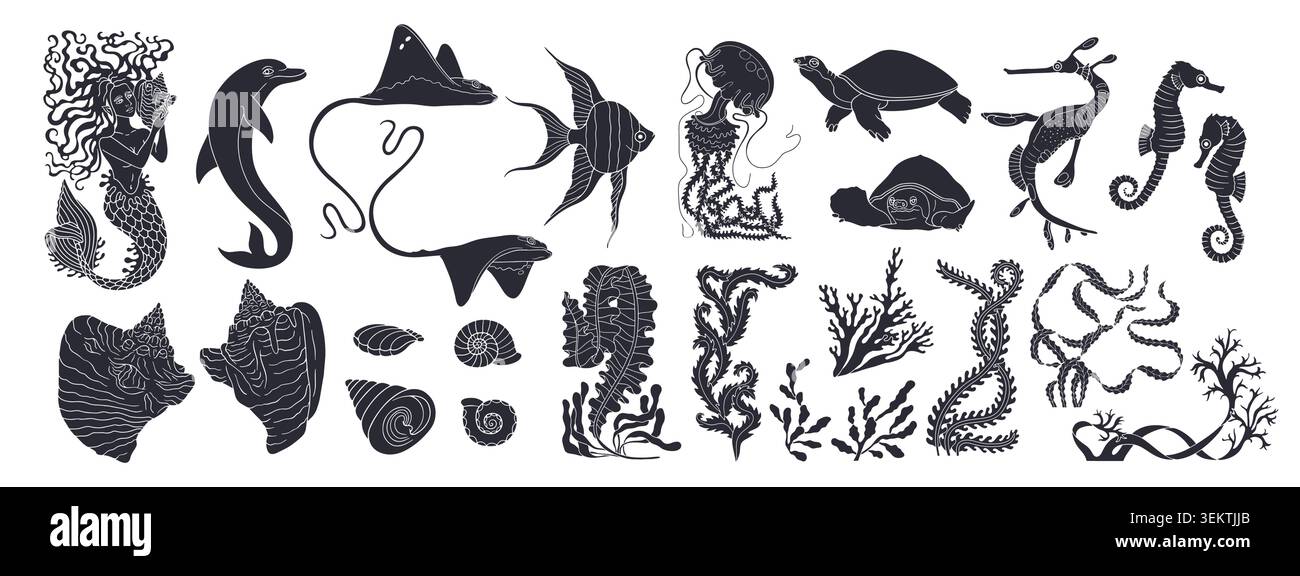 Confezione di illustrazioni vettoriali disegnate a mano con silhouette in bianco e nero Ocean Life e sirena. Animali di mare e alghe marine, grande set Illustrazione Vettoriale