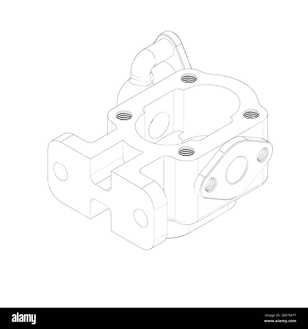 disegno della linea tecnica in bianco e nero che mostra il contorno isometrico del vettore e la struttura di dettaglio nascosta di un componente industriale lavorato a macchina. Foto Stock
