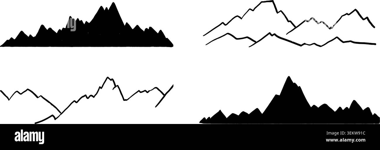 Set di silhouette per la catena montuosa. Mount Peak Landscape Shapes Collection. Gruppo terreno in collina bianco e nero. Vettoriale di diverse creste rocciose per lo sport invernale, l'avventura all'aperto, il campeggio Illustrazione Vettoriale