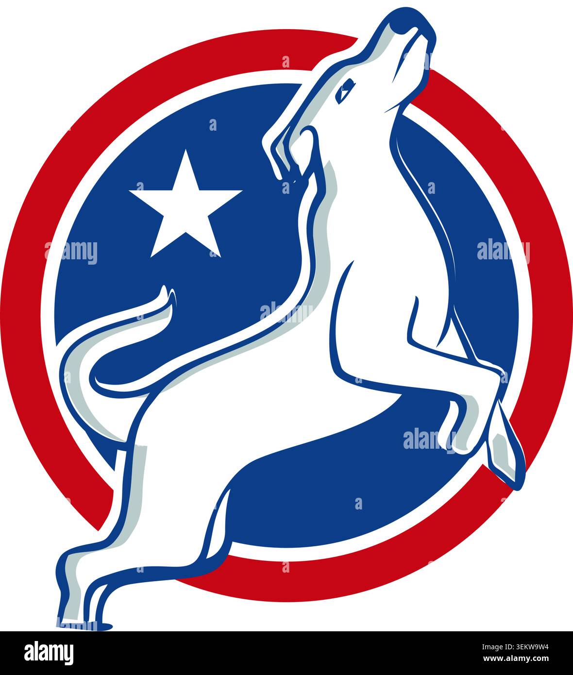 Audace emblema per cani con colori patriottici, cornice circolare e dettagli a stella che simboleggiano fedeltà, sicurezza e forza. Illustrazione Vettoriale