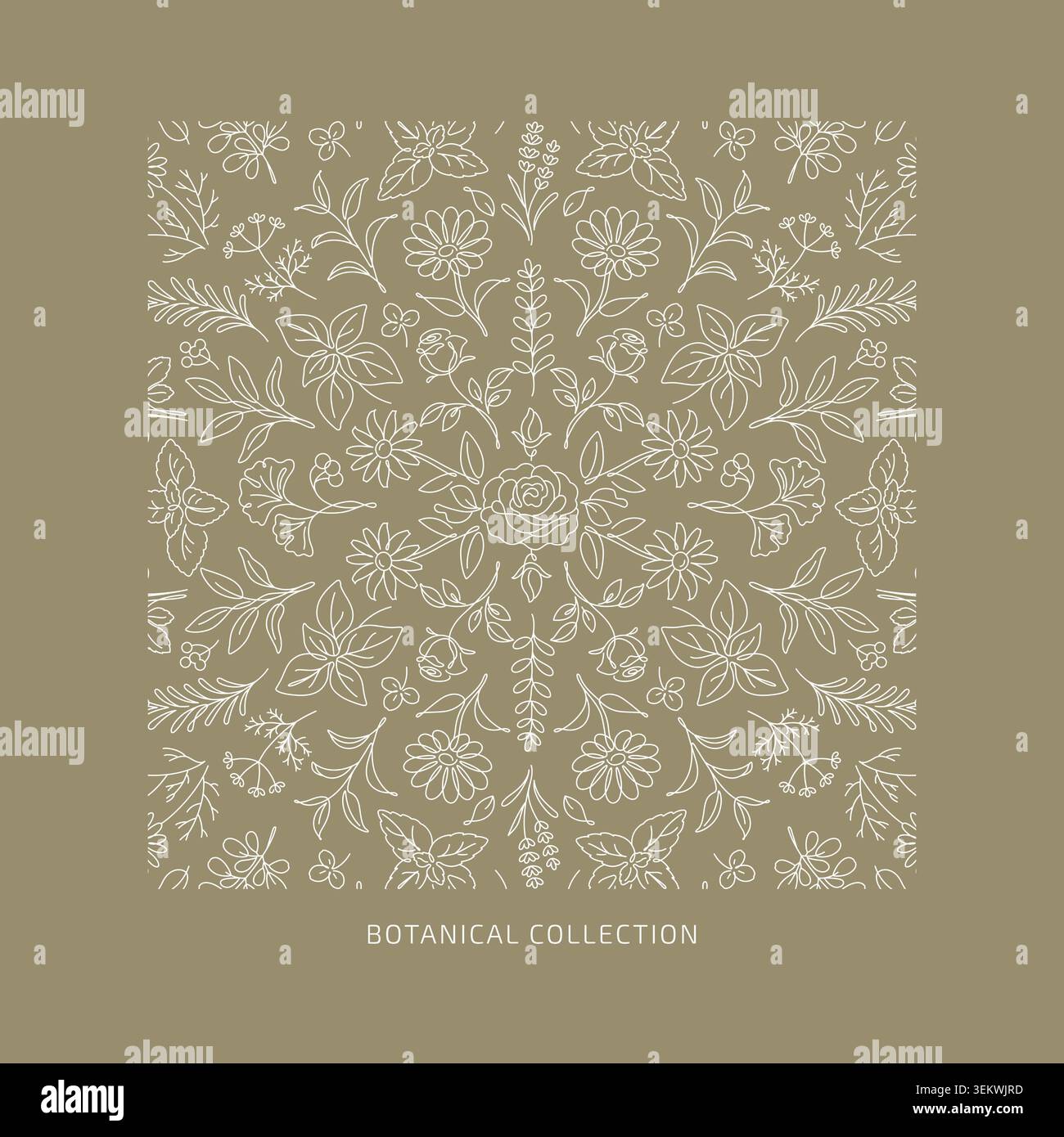 Elegante motivo artistico a linea botanica con fiori e foglie Illustrazione Vettoriale