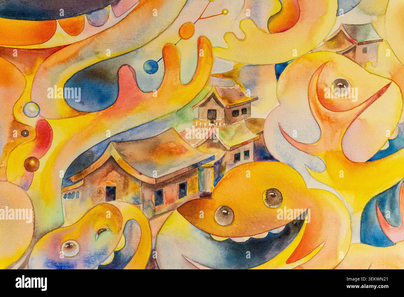 Pittura acquerello arte moderna astratta creativa contemporanea. Illustrazione astratta ad acquerello sfondo dipinto a mano. Casa di dipinti nella foresta Foto Stock
