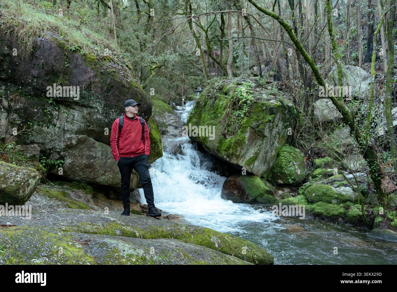 Uomo che esplora la lussureggiante foresta verde con cascate e rocce muschiate Foto Stock