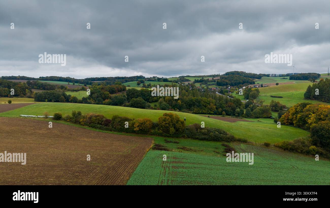 Vista aerea di un ampio paesaggio collinare con prati e campi verdi in autunno Foto Stock