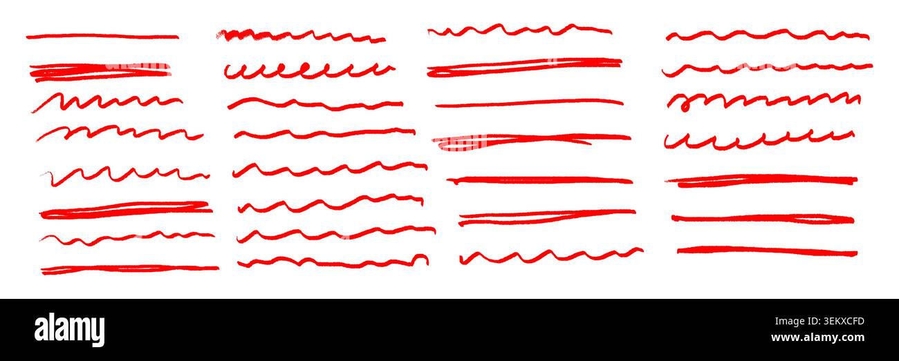 Evidenziazioni e sottolineature delle linee di doodle disegnate a mano a matita o pastello rosso e delle icone vettoriali. Evidenziazioni e sottolineature di pennello a colori o pastello rosso, gesso di cera e disegno a scarabocchio con evidenziatore rosso Illustrazione Vettoriale