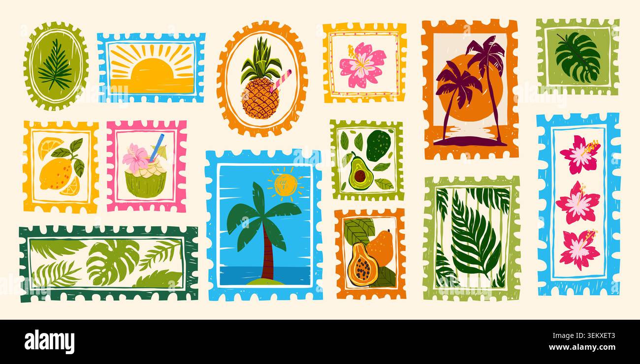 Le spiagge tropicali offrono cocktail estivi. Illustrazione vettoriale di modelli da cartolina vintage con bevande alla frutta, palme da spiaggia, fiori e sole, stampe disegnate a mano per le vacanze, adesivi da viaggio retrò Illustrazione Vettoriale