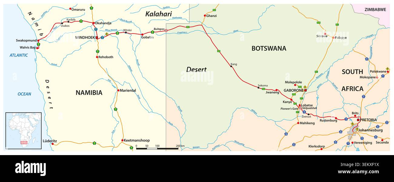 Mappa del corridoio Trans-Kalahari, Namibia, Botswana, Sudafrica Foto Stock
