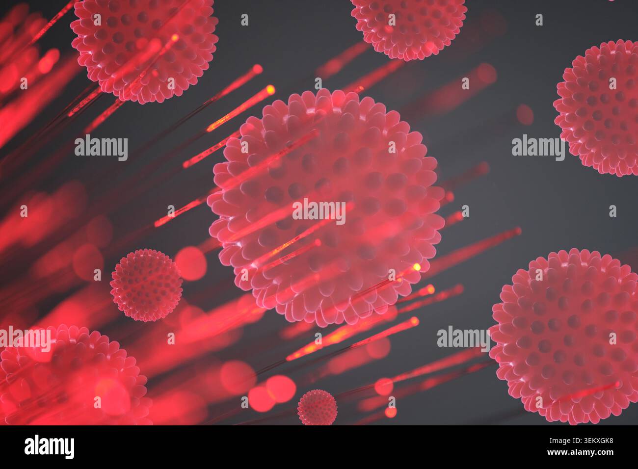 Illustrazione astratta dei globuli rossi del virus con i raggi laser brillanti su grafica di sfondo scuro Foto Stock