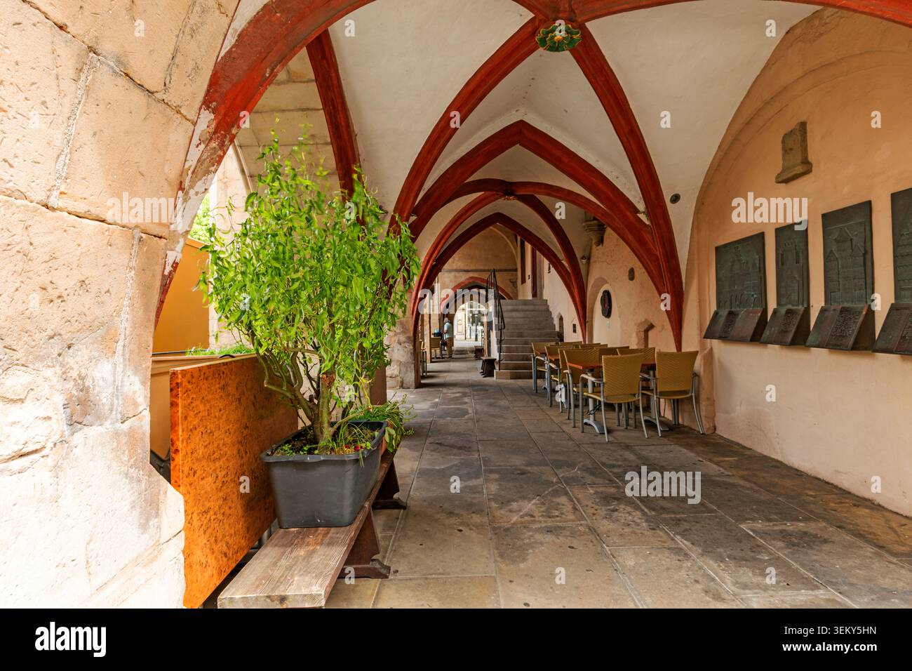 Hildesheim, bassa Sassonia, Germania, 3 giugno 2026: Passaggio storico con porticato con volte a costola gotiche e dettagli architettonici medievali nel centro della città Foto Stock