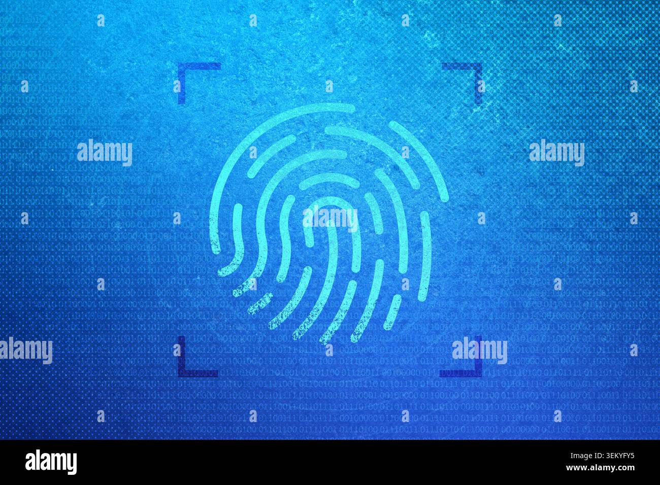 Icona delle impronte digitali su sfondo binario blu che rappresenta l'autenticazione biometrica, la protezione dell'identità digitale e l'accesso sicuro ai dati per la sicurezza informatica, la privacy e il controllo degli accessi Foto Stock