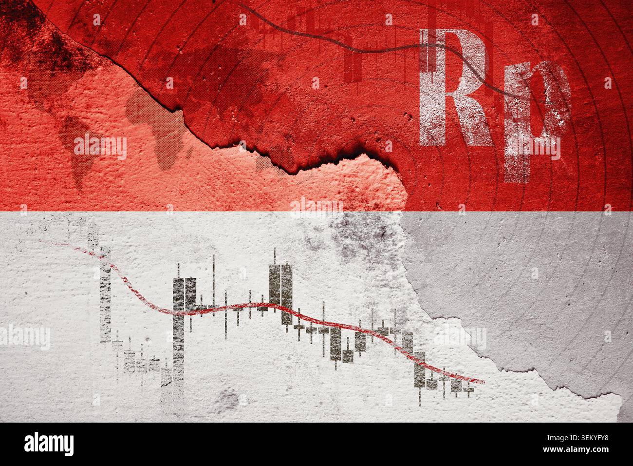 L'economia indonesiana sta affrontando la crisi finanziaria, con la bandiera nazionale che mostra il simbolo della valuta della rupia, una mappa mondiale e un grafico del mercato azionario che indica il declino e la recessione Foto Stock
