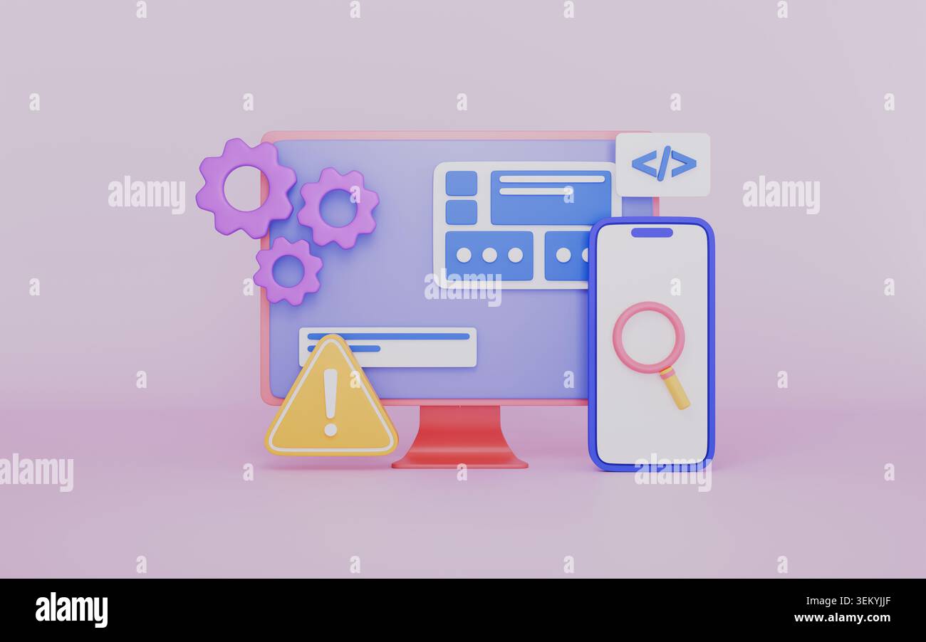 Sito Web in costruzione su pc e dispositivi mobili, manutenzione aggiornamenti di sistema, impostazioni del programma Foto Stock