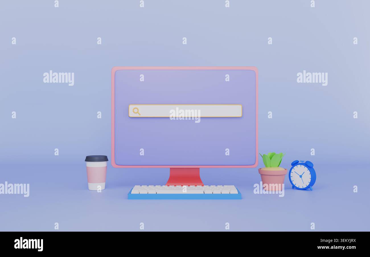 Sito Web in costruzione su pc, illustrazione 3d del motore di ricerca del sito Web Foto Stock
