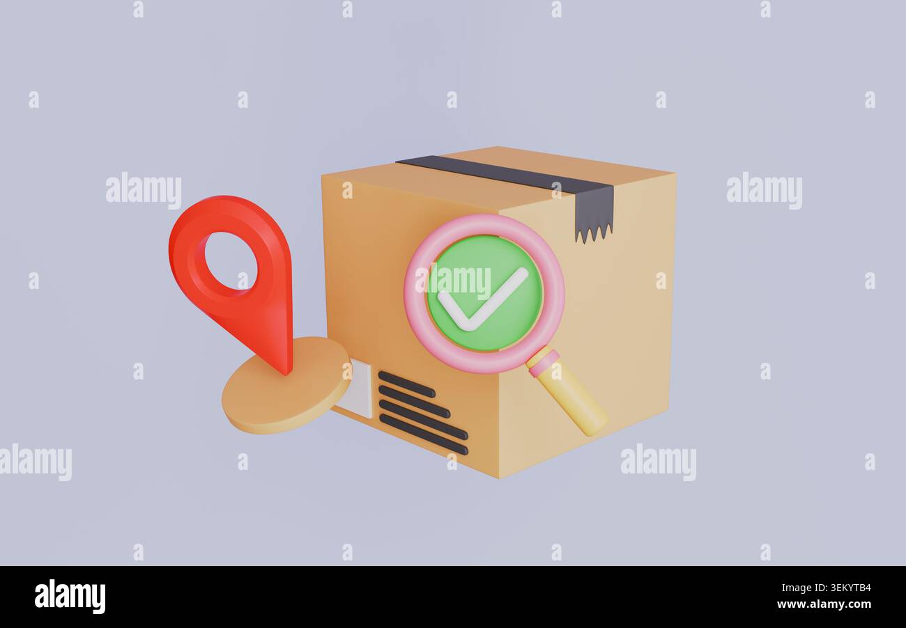 Stato spedizione ordine online, tracciamento consegna pacchetto con pin posizione e ingrandimento, icona Conferma consegna Foto Stock