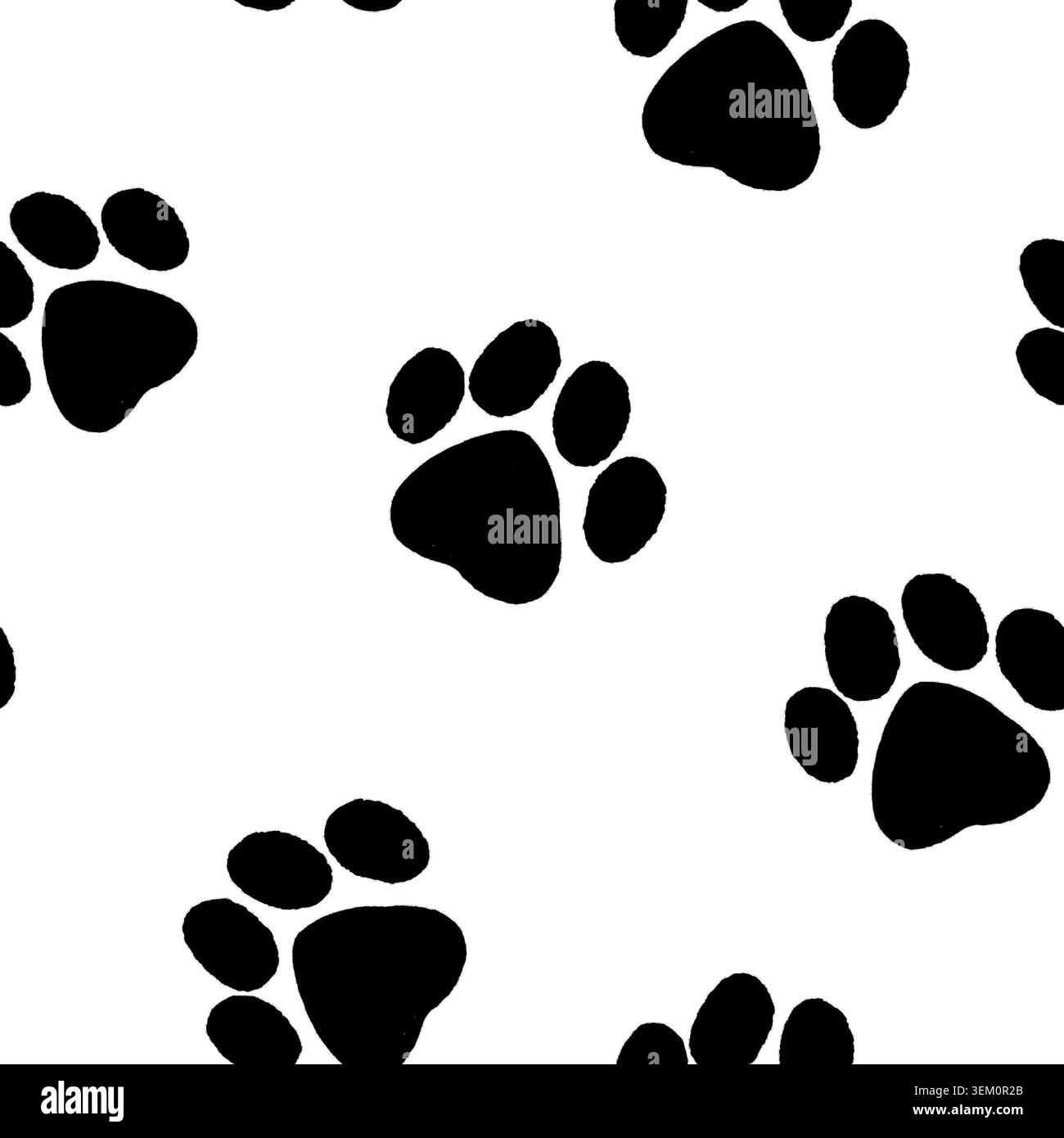 Motivo di stampa Paw senza cuciture in bianco e nero con piccole impronte di cane ripetute. Adatto per tessuti per animali domestici, carta da imballaggio, cancelleria, accessori per animali domestici Foto Stock