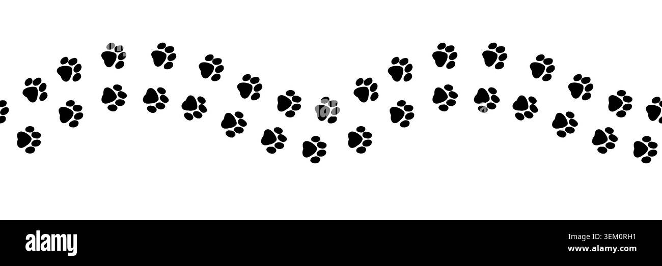 Bordo nero senza cuciture per la stampa delle zampe con impronte di cane ripetute in posizione orizzontale. Adatto per prodotti per animali domestici, imballaggi, biglietti d'auguri, veterano Foto Stock