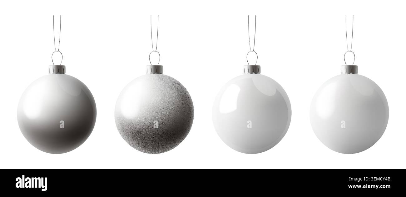 Decorazione pallina di Natale, decorazioni 3d in argento. Elementi del giocattolo con bulbo natalizio isolati su bg. Bianco Decorazioni luminose appese al nastro, realistiche e chiare Illustrazione Vettoriale