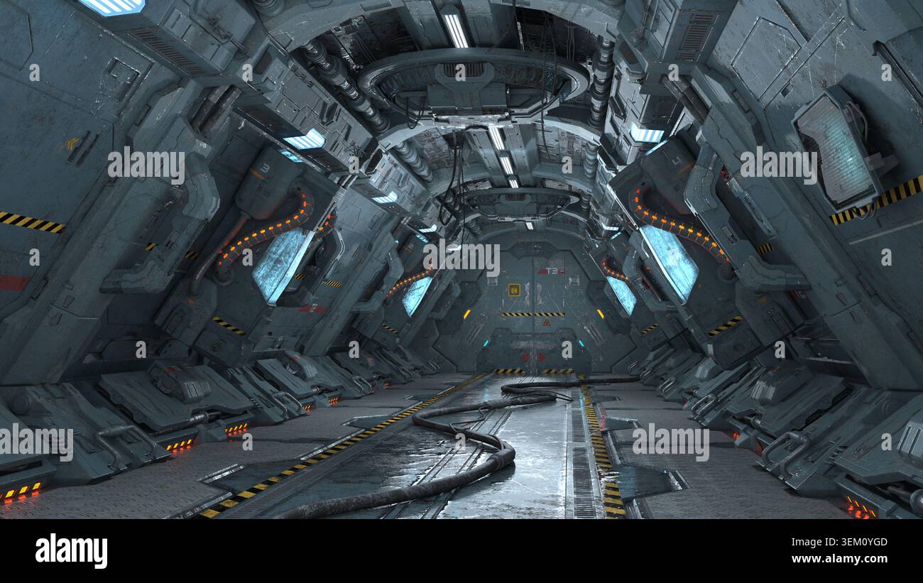 Interni futuristici con corridoi scifi con luci al neon luminose e texture realistiche. Foto Stock
