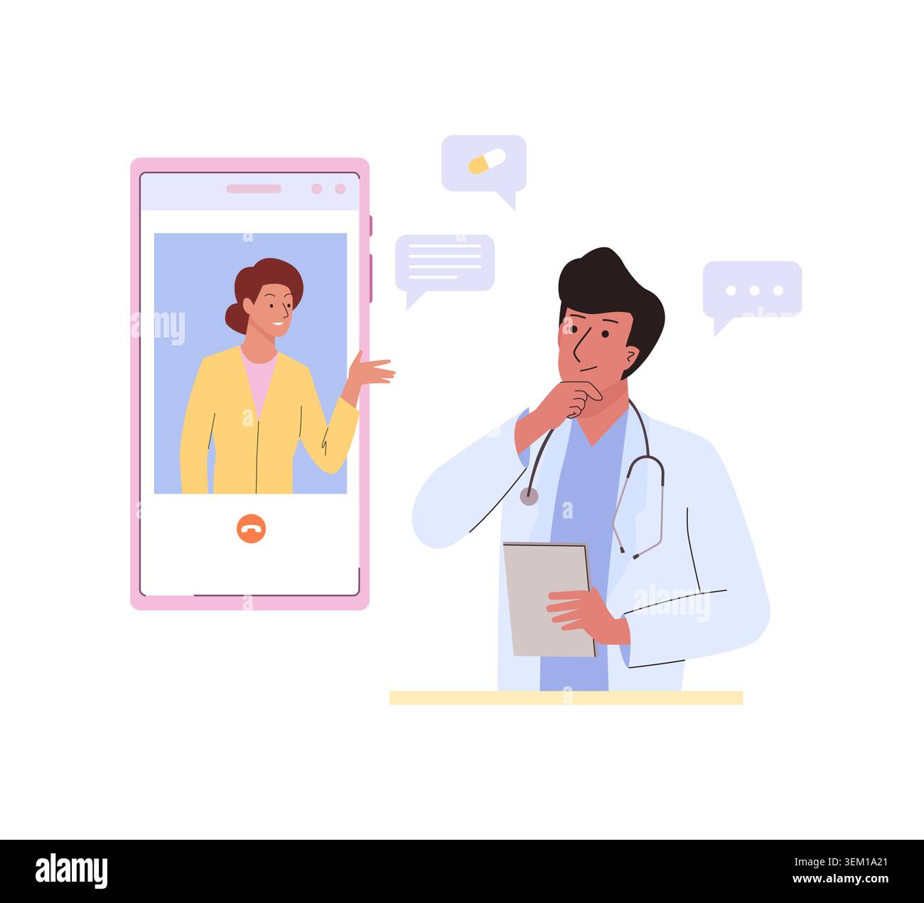 Consultazione medica online. Un medico di sesso maschile consulta il paziente online sull'app mobile. Assistenza sanitaria remota e servizio medico, telemedicina Illustrazione Vettoriale