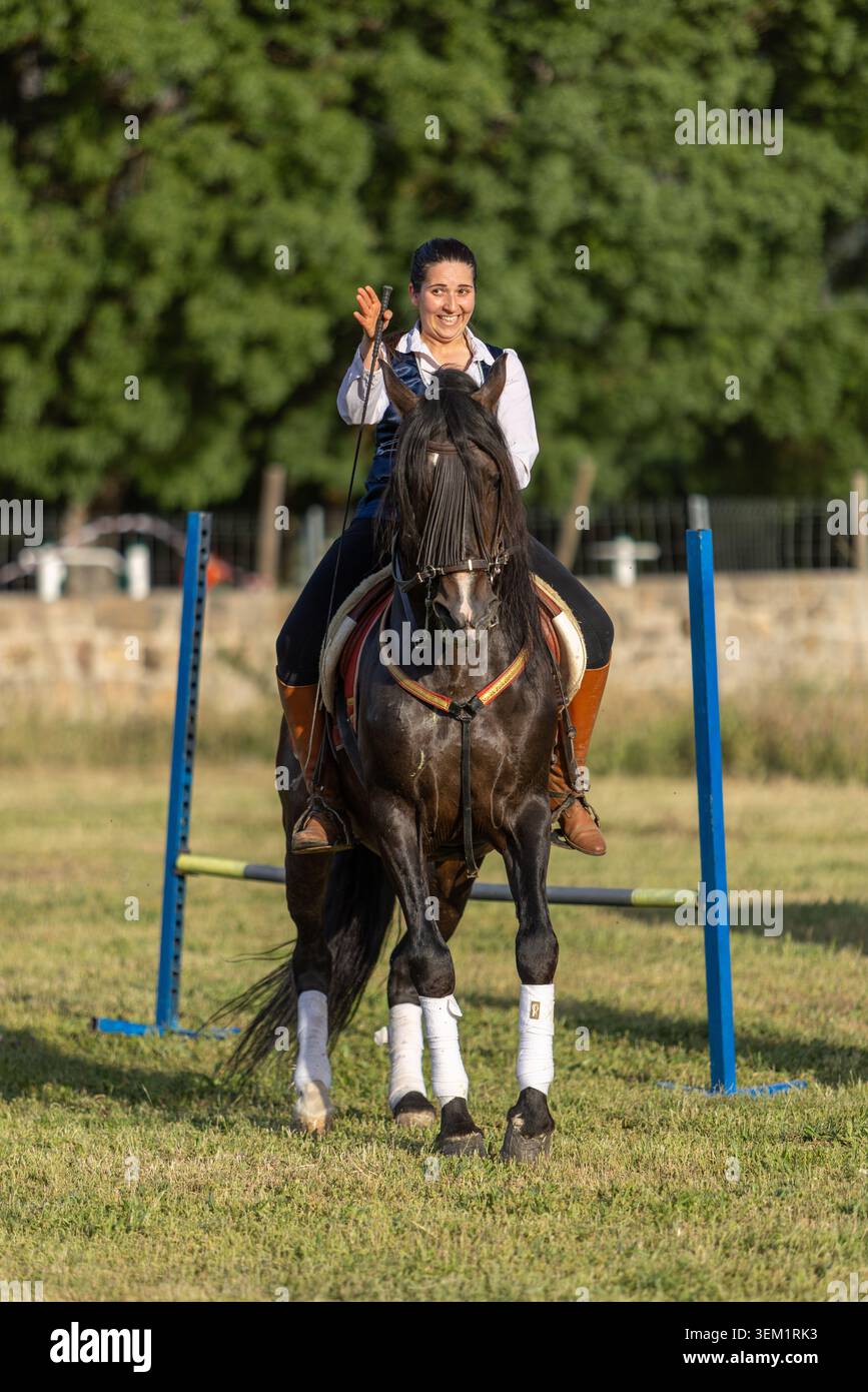 Pilota femminile in gara all'evento Show Jumping a cavallo in Spagna Foto Stock