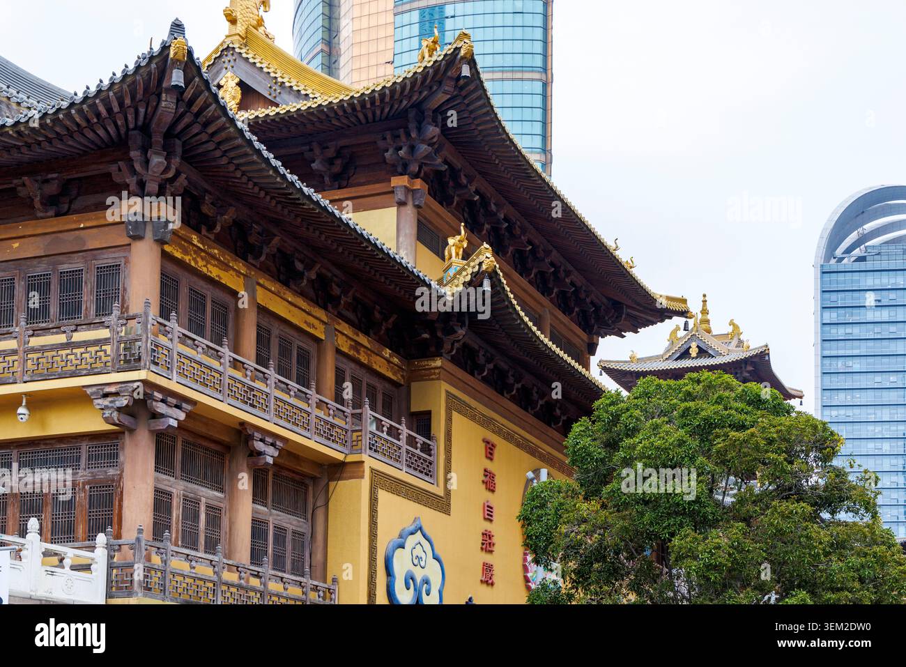 Il tempio di Jing'an, le sale gialle del tempio buddista, accanto al grattacielo di vetro, Shanghai, Cina Foto Stock