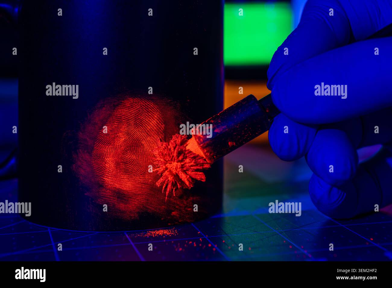Una mano con i guanti utilizza un applicatore di polvere magnetica per applicare la polvere fluorescente, rivelando un'impronta latente rossa brillante sotto la luce ultravioletta. Foto Stock