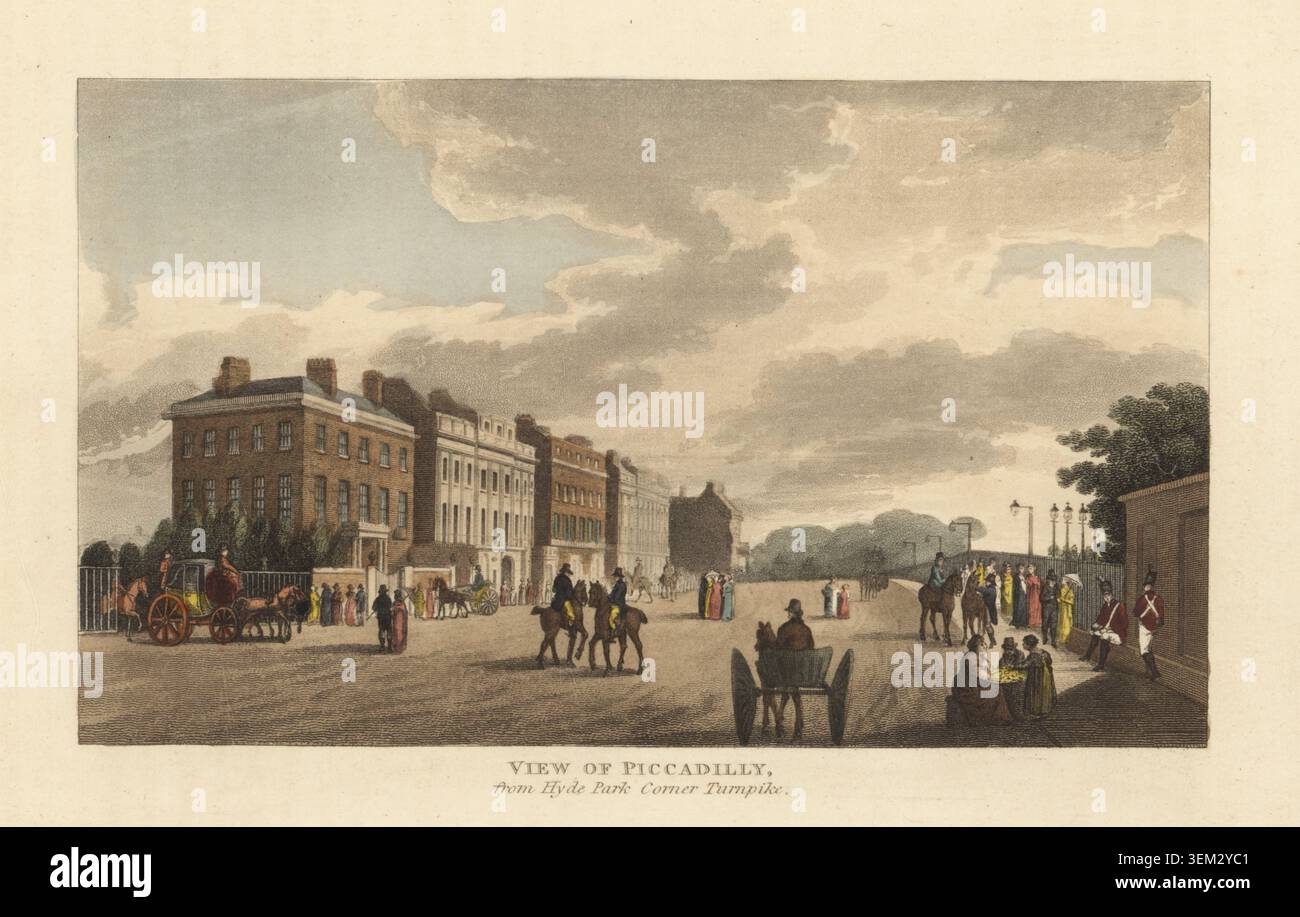 Vista di Piccadilly da Hyde Park Corner Turnpike, Londra. La casa sulla sinistra, Apsley House, fu progettata da Robert Adam, residenza del i marchese Wellesley, e in seguito Duca di Wellington. Anche il bel mucchio accanto è stato progettato da Adam e smaltito in una lotteria al conte di Dysart, ufficiale della compagnia delle Indie Orientali Sir Charles Cockerell e Mr Crawford (ora demolito). Un pullman livato che esce da Hyde Park sulla sinistra, Green Park dietro le ringhiere e i semafori sulla destra. Incisione o acquatinta colorata a mano di John Papworth dal suo Select Views of London, Histor Foto Stock